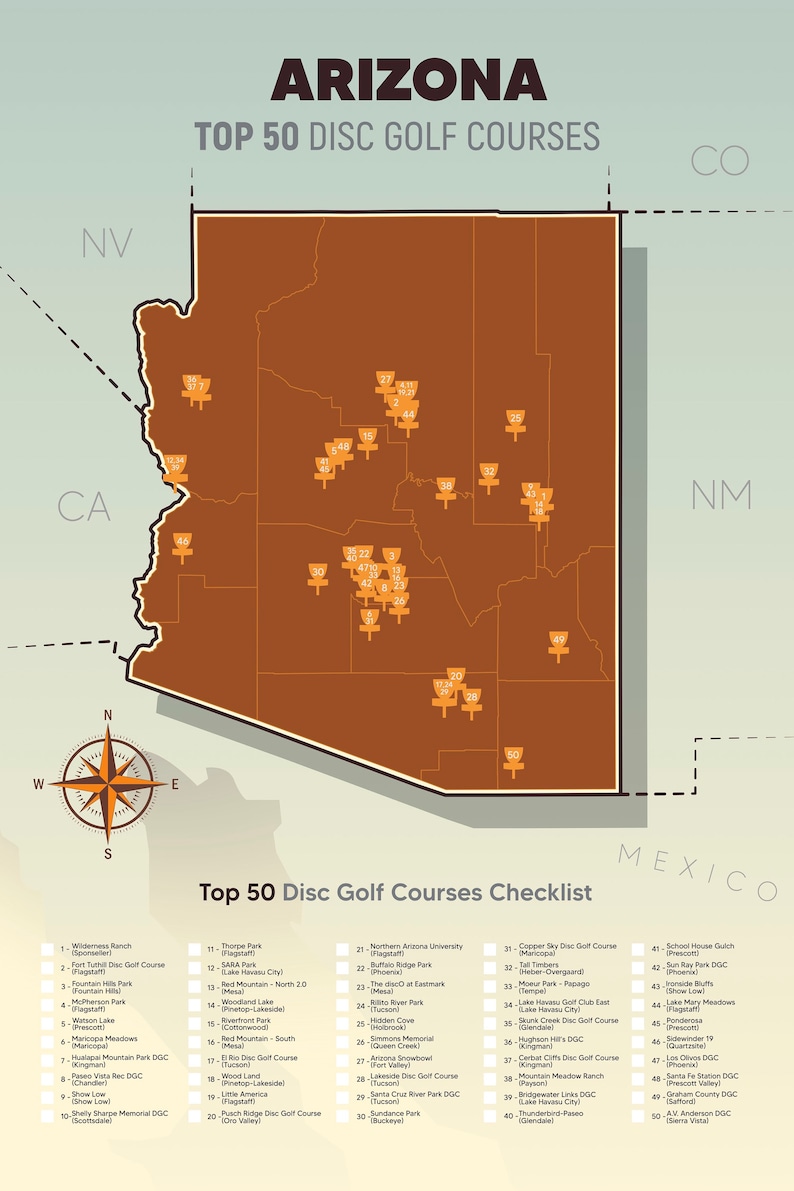 Arizona Disc Golf Top 50 Courses Map - Etsy