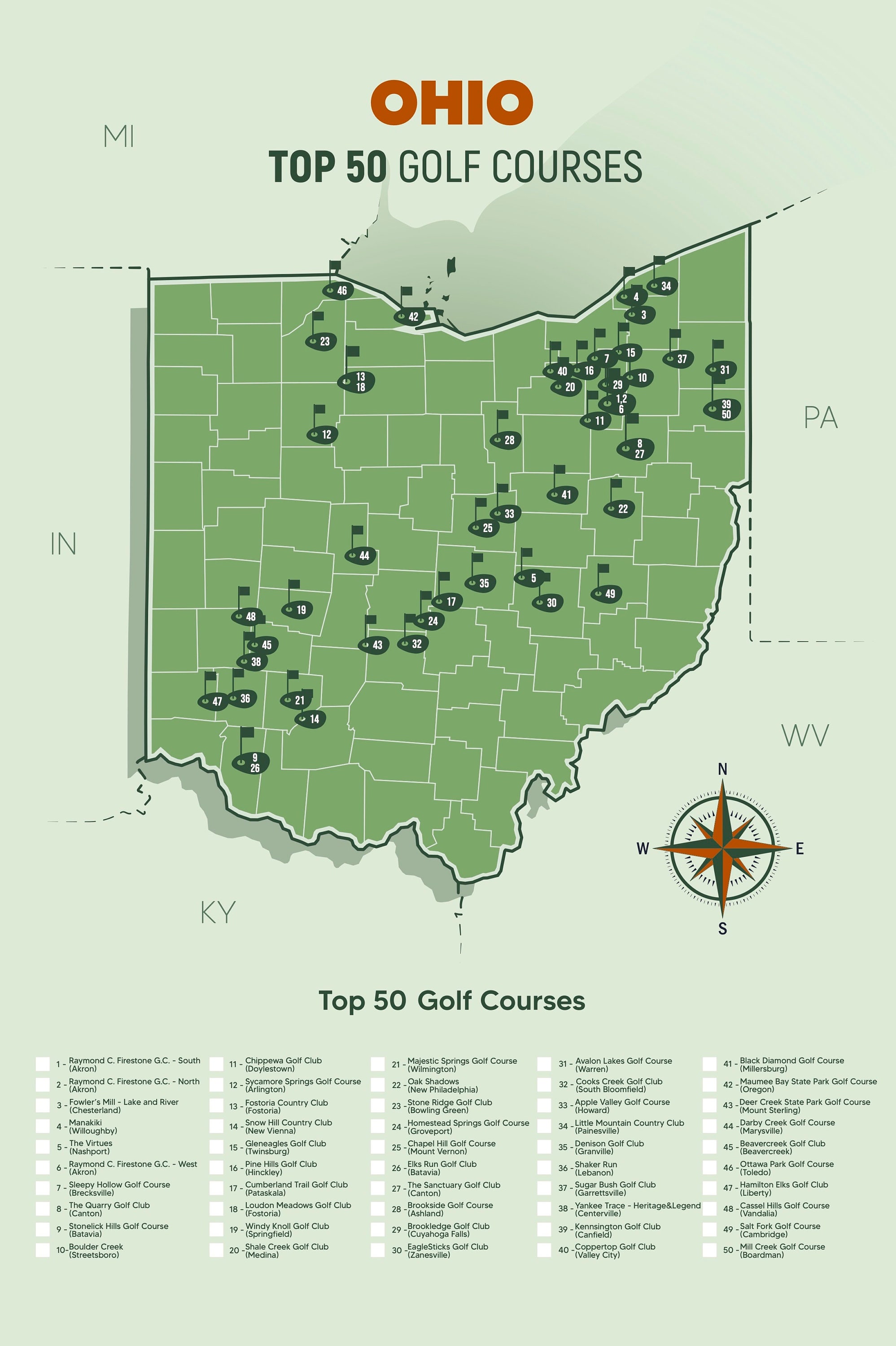 Ohio Golf Top 50 Courses Map Etsy