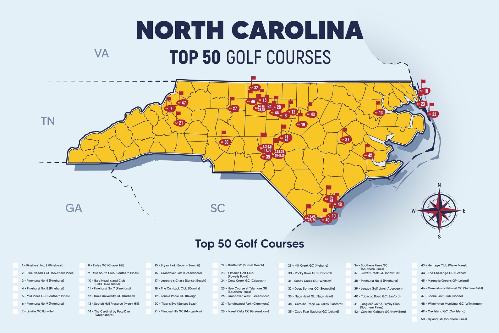 North Carolina Golf Top 50 Courses Map Etsy