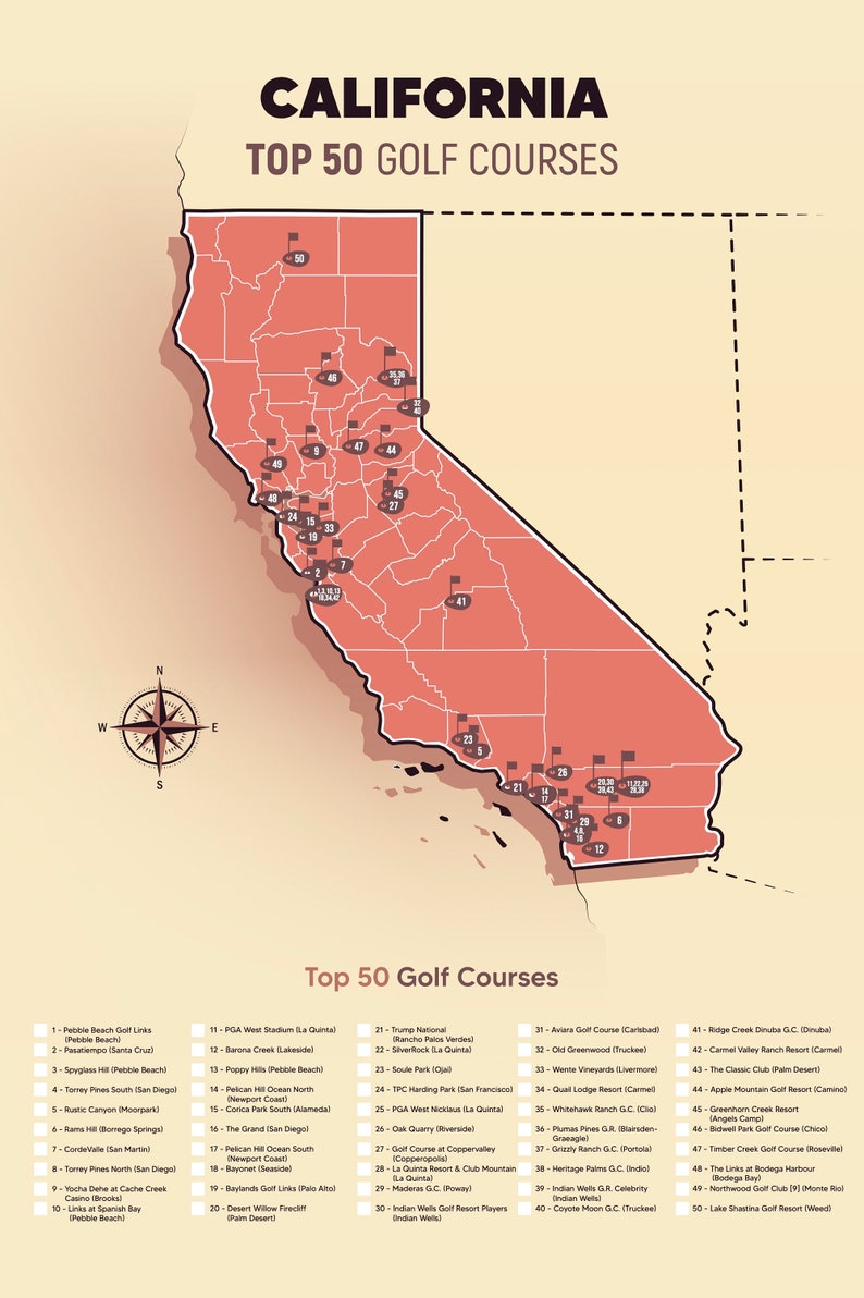 California Golf Top 50 Courses Map Etsy