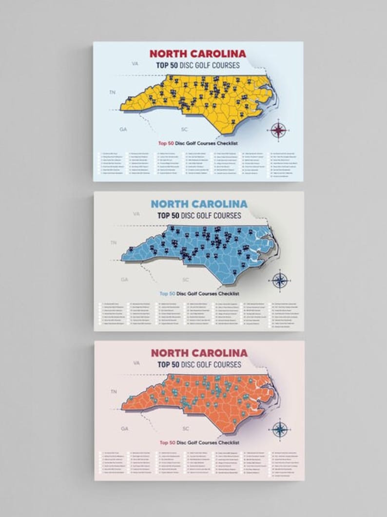 May include: Three printable maps of North Carolina, each with a different color scheme. The maps show the top 50 disc golf courses in the state. The maps are labeled "North Carolina Top 50 Disc Golf Courses".