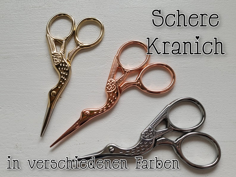 Kleine Schere Handarbeitsschere, Nähschere Kranich Storch verschiedene Farben: gold, silber, bronze rosegold Verlobung Hochzeit Bild 1