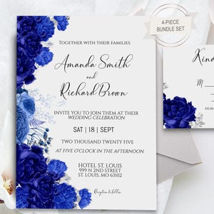 Elegant Royal Blue and Silver Wedding Invitation Set, Royal Blue Invitation Template, Royal Blue and Silver, RSVP, Details,belly band