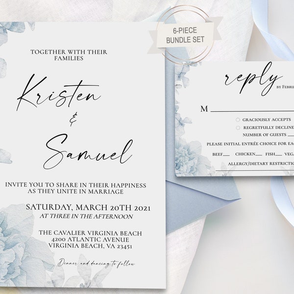 Elegant & Simple Dusty Blue Wedding Invite, Minimalist Wedding Invitation, Dusty Blue Floral, Wedding Invitation template bundle