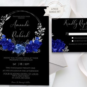 Ensemble élégant de faire-part de mariage bleu roi et noir, modèle d'invitation bleu roi, bleu roi et argent