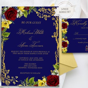 Beauty and the Beast Wedding Invitation, Enchanted Rose Wedding Invitation, Fairytale Wedding Invitation Set, Be Our Guest Template