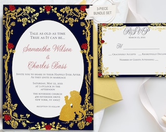 Invitaciones de boda de La Bella y la Bestia (Plantilla digital)