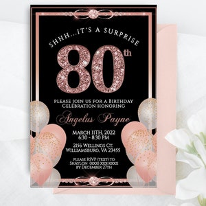 80th Birthday Invitation Template for her, Blush and Rose Gold Birthday, 80 Birthday party, Surprise Party Invitation