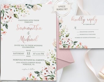 Blush Floral Wedding Invitation Suite, Pink and Rose Gold (Digital File)