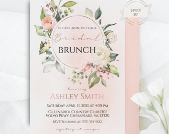Blush and Rose Gold Floral/Greenery Bridal Shower Invitation, Miss to Mrs Shower, Here Comes the Bride Shower, Brunch and Bubbly, Corjl