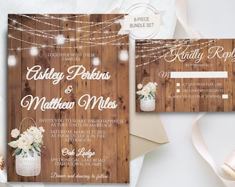 Rustic Wedding Invitation Set, String Lights, Mason Jars (Digital Files)
