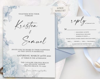 Elegant & Simple Dusty Blue Wedding Invite, Minimalist Wedding Invitation, Dusty Blue Floral, Wedding Invitation template bundle