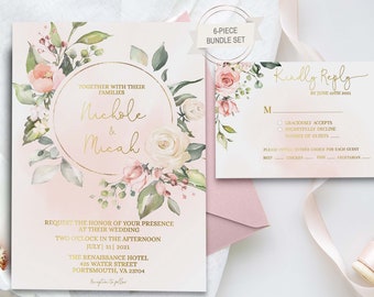 Blush and Gold Wedding Invitation, Wedding Invites Pink and Gold, Wedding Invitations Bundle, Blush Wedding Invitations