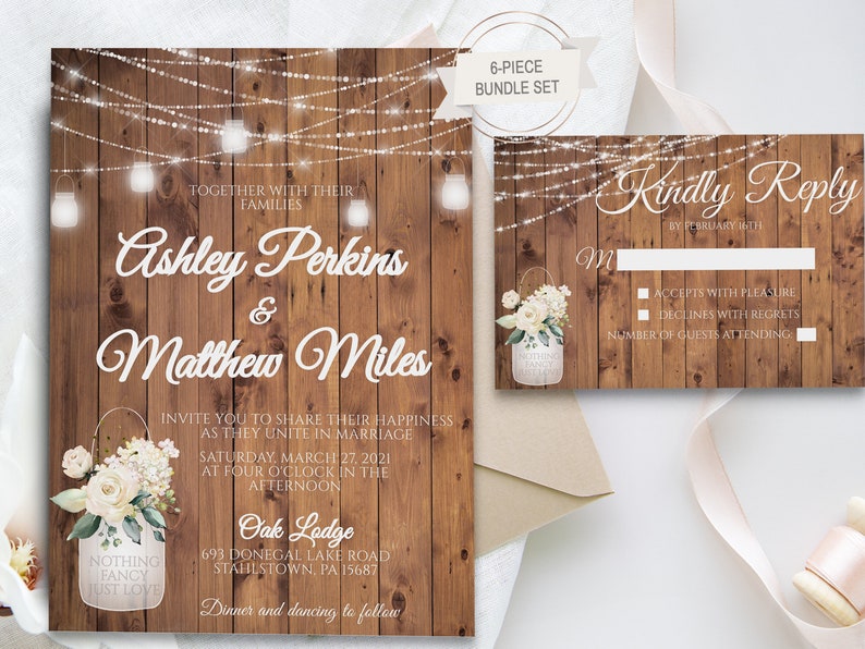 Country Wedding Invitation Set, Rustic Wedding Invitation, Nothing Fancy just love, Barn Wedding, String light mason jars image 1