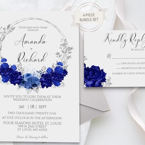Ensemble élégant de faire-part de mariage bleu royal et argent, modèle d'invitation bleu royal, bleu royal et argent, RSVP, détails