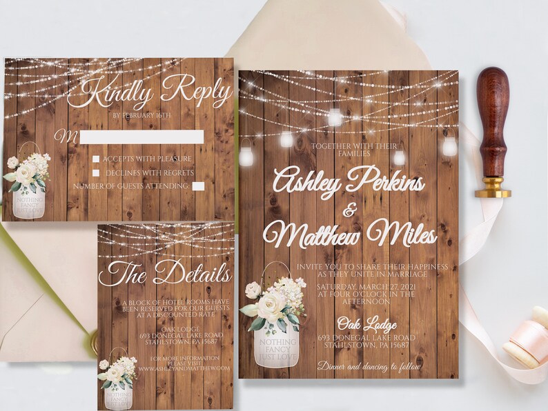 Country Wedding Invitation Set, Rustic Wedding Invitation, Nothing Fancy just love, Barn Wedding, String light mason jars image 3