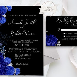Elegant Royal Blue and Black Wedding Invitation Bundle Set, Royal Blue Invitation Template, Royal Blue and Silver