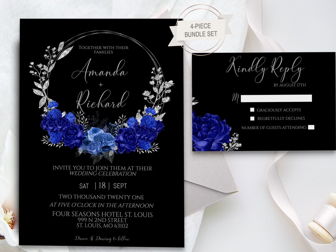 Buy Elegant Royal Blue and Black Wedding Invitation Bundle Set, Royal Blue  Invitation Template, Royal Blue and Silver Online in India