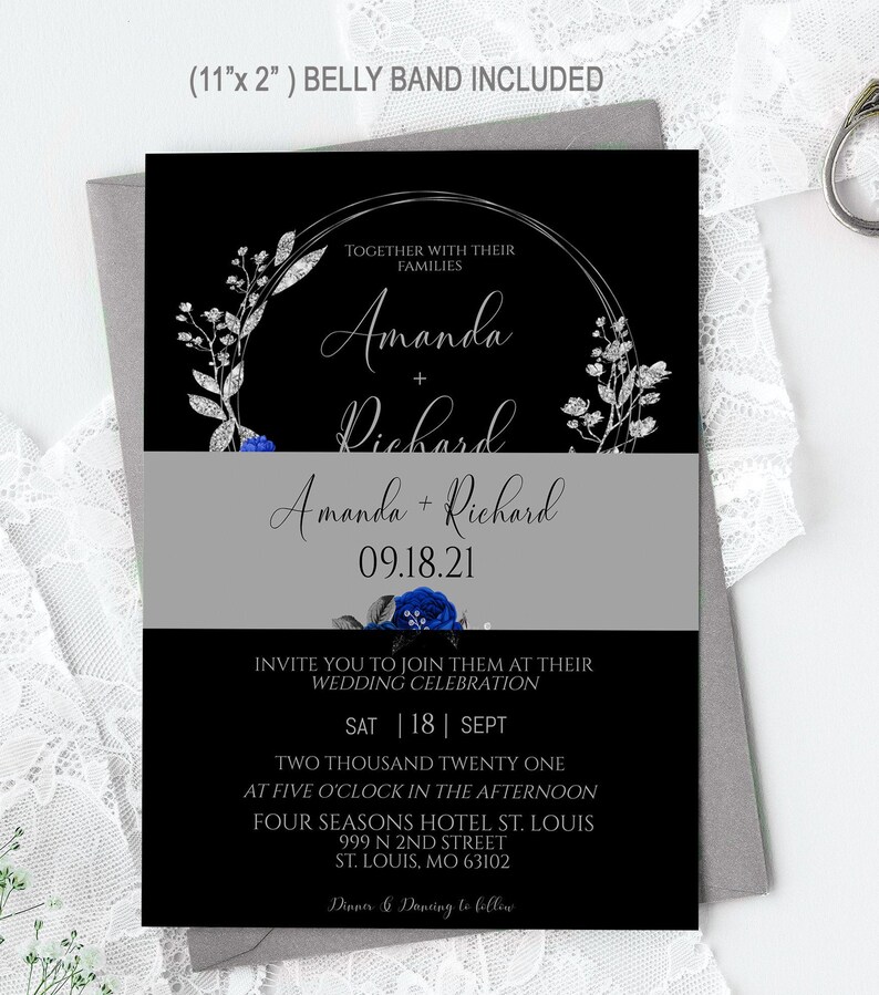 Elegant Royal Blue and Black Wedding Invitation Bundle Set Etsy