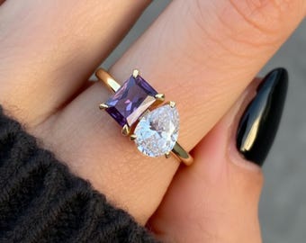 Anel Ametista Toi et Moi, Diamante em Formato de Pera, Prata de Lei