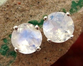 Moonstone Stud Earrings: 925 Sterling Silver, 6mm Gemstone