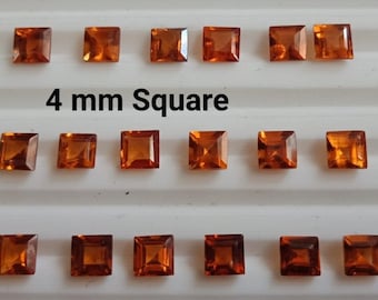 May include: A collection of 18 orange square gemstones, each measuring 4 mm. The gemstones are arranged in three rows of six, on a white surface. The text "4 mm Square" is printed in black below the top row of gemstones.