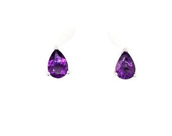 Natural Amethyst Stud Earrings: Sterling Silver, 7x5mm Pear Cut