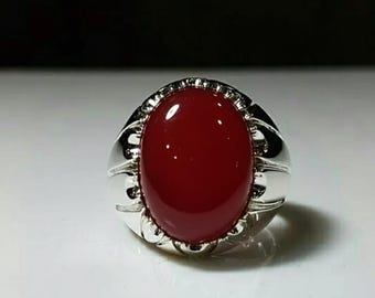 Vintage Cabochon Hessonite Garnet Ring, Dark Red Sterling Silver Jewelry