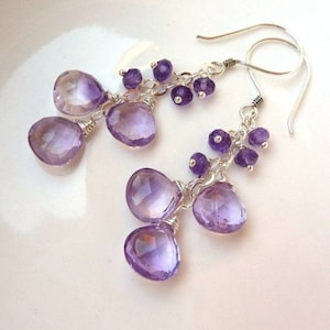 Amethyst Drop Earrings: Sterling Silver Hoop, Natural Stone