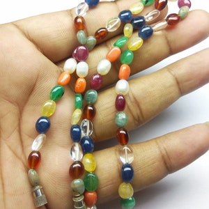Natural Navratan All Precious Oval Gemstone Beads Mala ~ Nauratan Mala ~ Gemstone Necklace ~ Precious Gemstone Beads Necklace FREE SHIPPING
