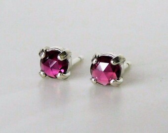 Natural Rhodolite Garnet Stud Earrings: 925 Sterling Silver, 5mm Round