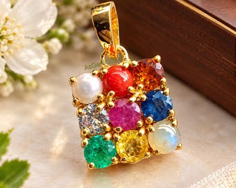 925 Sterling Silver Navaratna Pendant: 9 Natural Gemstones, Gold Plated, Vedic Astrology Protection