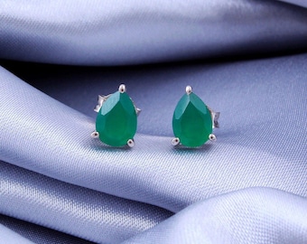 Green Onyx Pear Cut Stud Earrings: Sterling Silver Dangle Earrings