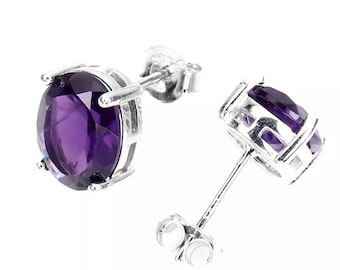 Natural Amethyst Stud Earrings: Oval 925 Sterling Silver, Wedding Jewelry