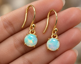 Dainty White Opal Earring 14K Gold Finish Round Cabochon Fire Opal Dangle Earring Minimalist Everyday Gemstone Jewelry October Birthstone