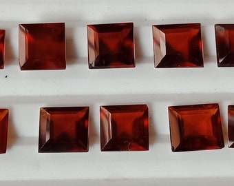 May include: Ten square-shaped, red-brown gemstones arranged in two rows of five. The gemstones are set on a white surface.