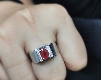 Bague de fiançailles rubis ovale : motif floral en argent sterling 925