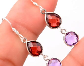 Amethyst Garnet Dangle Earrings, 925 Sterling Silver Birthstone