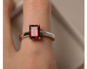Emerald Cut Hessonite Garnet Ring: 925 Sterling Silver, January Birthstone
