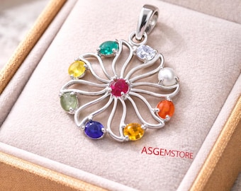 Handcrafted Sterling Silver Navratna Flower Pendant, Vedic Astrology Jewelry (9 Gemstones)