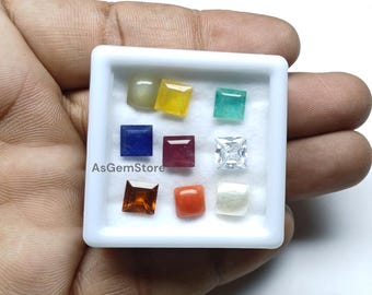 6mm Square Navratan Gemstones: Ruby, Sapphire, Emerald, Coral