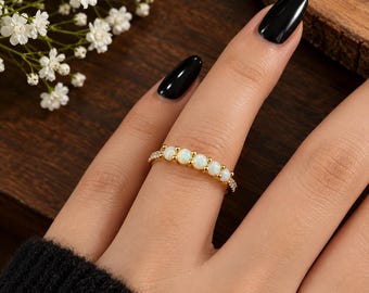 Elegant Opal Ring 18K Solid Gold Dainty Five Stone Oval Opal Band, October Birthstone Anniversary Promise Ring for Her Stackable Jewelry