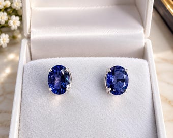 Natural Iolite Stud Earrings, 925 Sterling Silver, Oval Shape, September Birthstone Jewelry