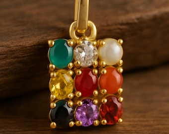 925 Sterling Silver Navratan Gemstone Pendant - Gold Finish