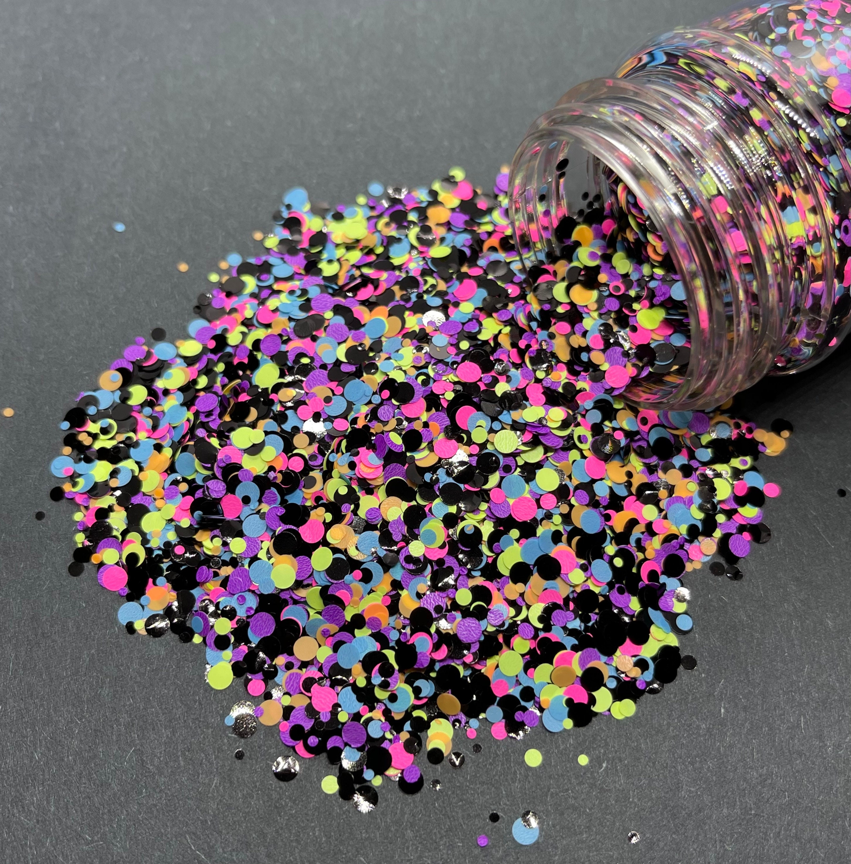 Cosmic Blast - Neon Dot Shaped Glitter Mix - Metallic purple black green pink orange blue glitter mix for tumblers, resin, nail art, crafts