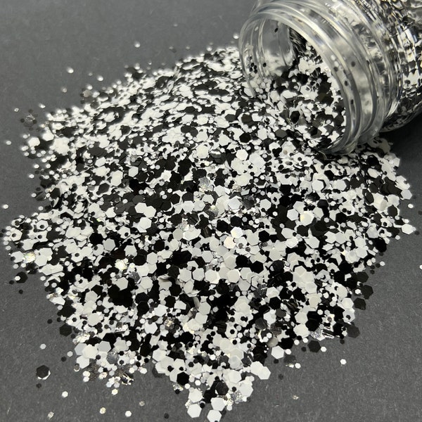 Black & White - Chunky Glitter Mix - Metallic black/white glitter mix for tumblers, resin, nail art, crafts and more - Black White Glitter