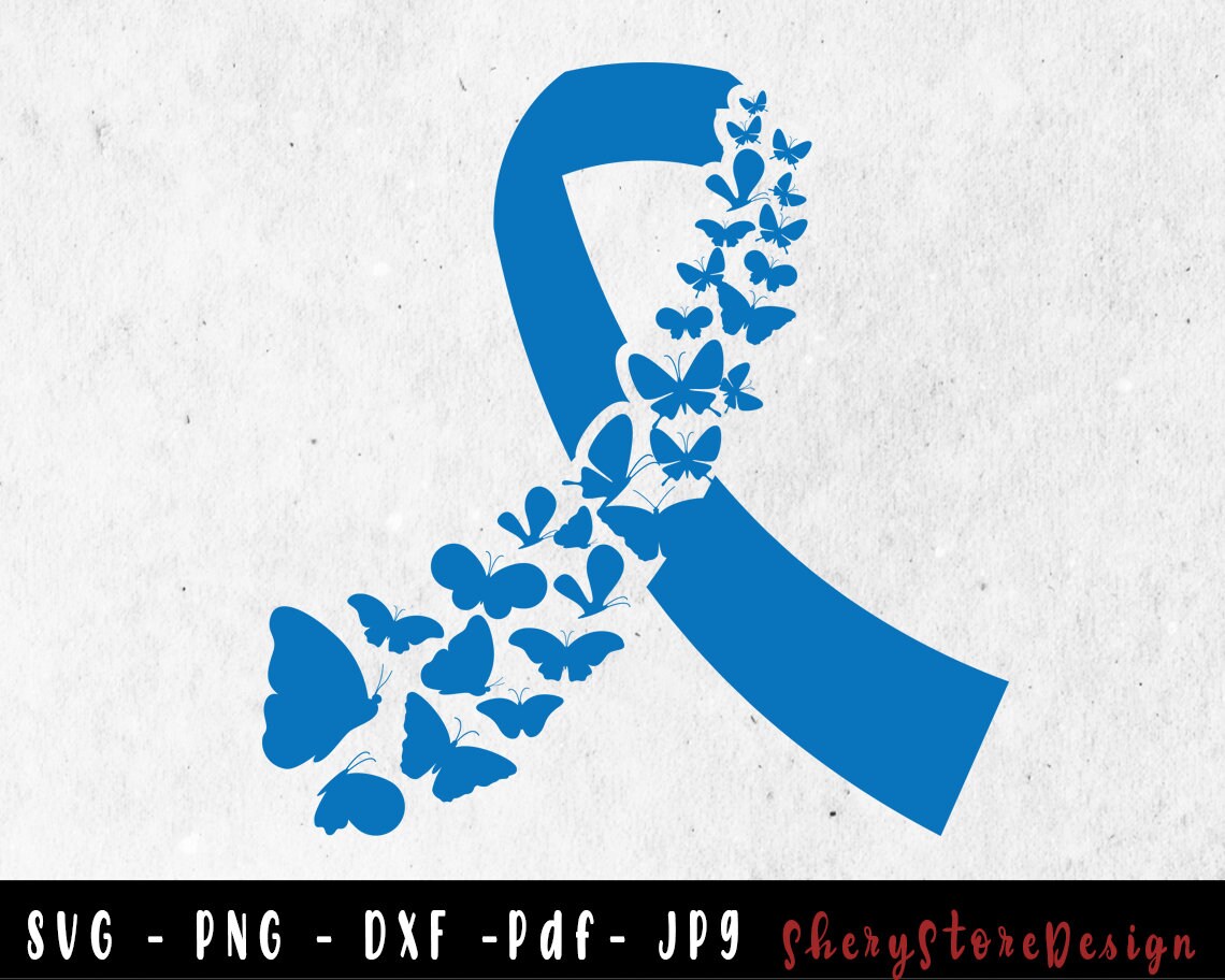 Blue Ribbon SVG, Colon Cancer SVG, Butterfly Colon Cancer Svg, Colon ...