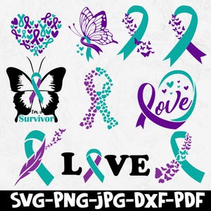 Può includere: Una collezione di disegni di nastri di sensibilizzazione, farfalle e cuori turchese e viola. La parola "Love" è presente in due disegni. Un disegno di farfalla include il testo "I'm a Survivor". L'immagine include anche i tipi di file: SVG-PNG-JPG-DXF-PDF.