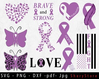 Paquete SVG de cáncer de páncreas, svg de cáncer de páncreas con forma de pluma, concientización sobre el cáncer de páncreas con forma de corazón, svg de cinta morada, svg cortado para usar en Cricut