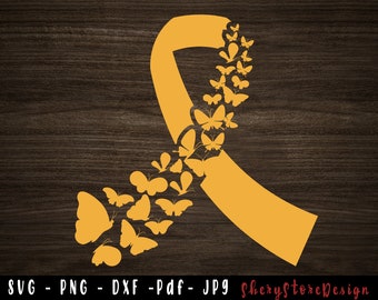 Feather Gold Ribbon SVG, Childhood Cancer SVG, Butterfly Childhood cancer svg, Childhood Cancer png, Awarn Ribon, svg file to use for Cricut
